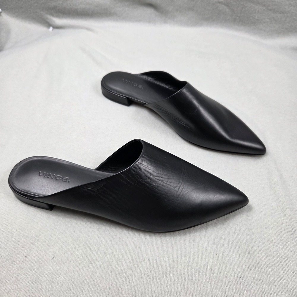 Vince Mules Women 7M Black Excellent Pointed Toe Leather Flat Slip On Italy